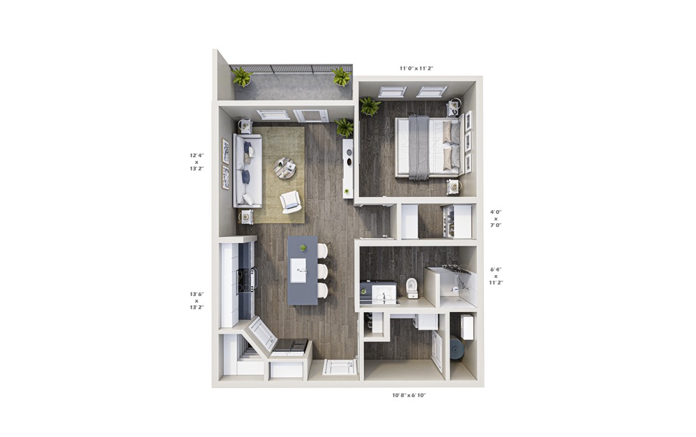 1A - 1 bedroom floorplan layout with 1 bath and 674 square feet.