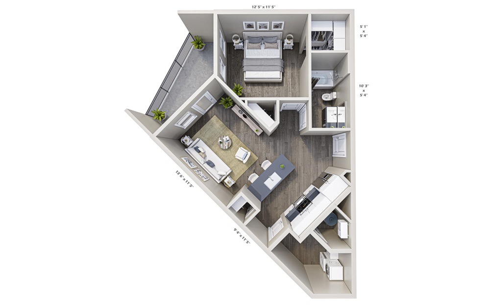1B - 1 bedroom floorplan layout with 1 bath and 708 square feet.