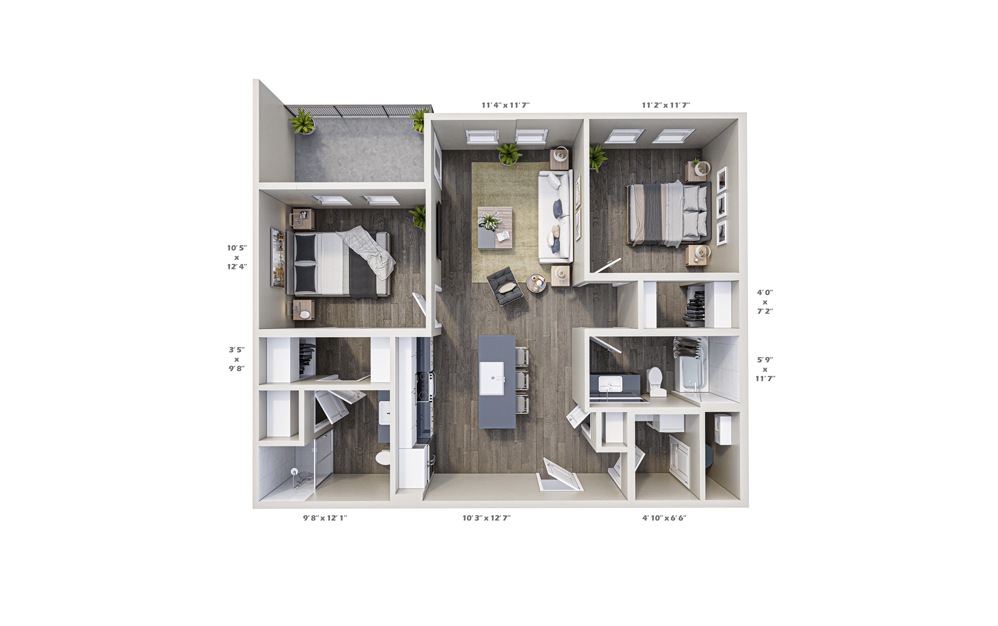 2A - 2 bedroom floorplan layout with 2 baths and 967 square feet.